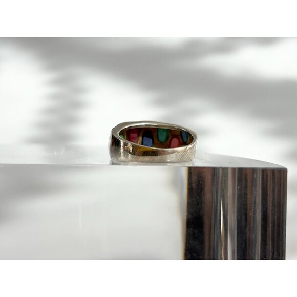 Mosaic Multi Gemstone Inlay Unusual 925 Sterling Silver Vintage Ring - sz 7 - Picture 4 of 11